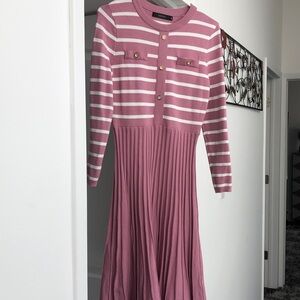 Striped Long-Sleeve Pink Knit Midi Dress